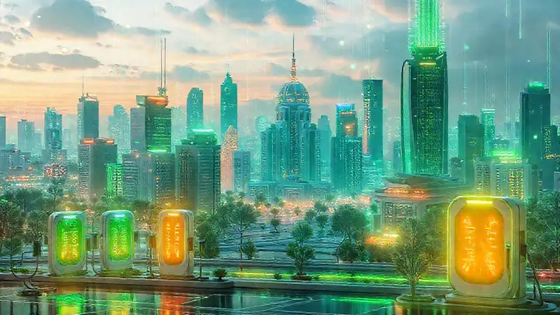 Una ciudad futurista y verde brilla