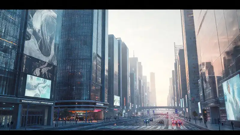 Ciudad futurista, diseño limpio y optimista