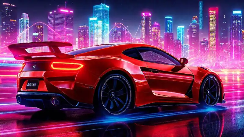 Coche deportivo futurista emite energía vibrante
