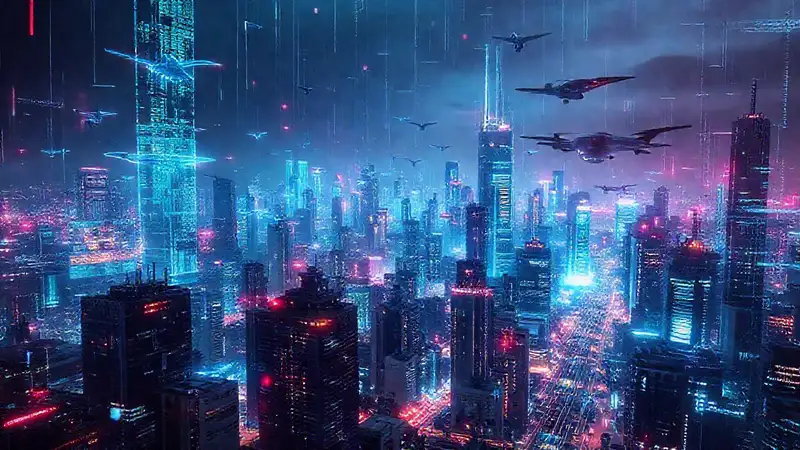 Ciudad futurista digitalmente vibrante y conectada