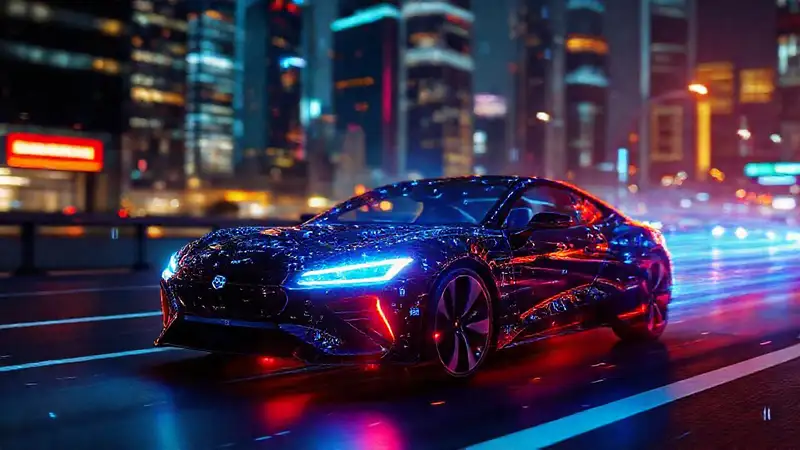 Ciudad futurista, luces y datos vibrantes