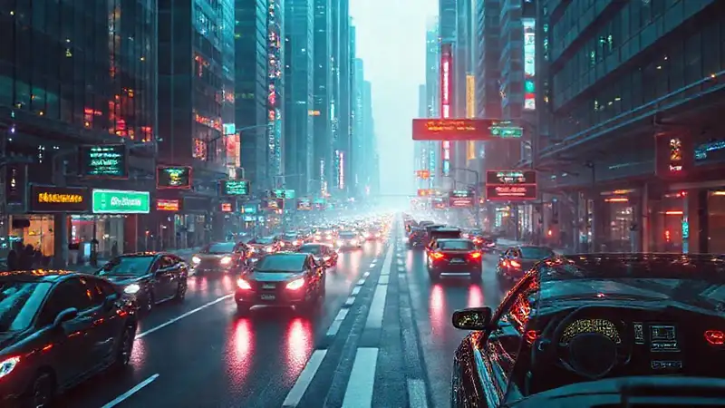 Ciudad futurista, vehículos autónomos, datos brillantes